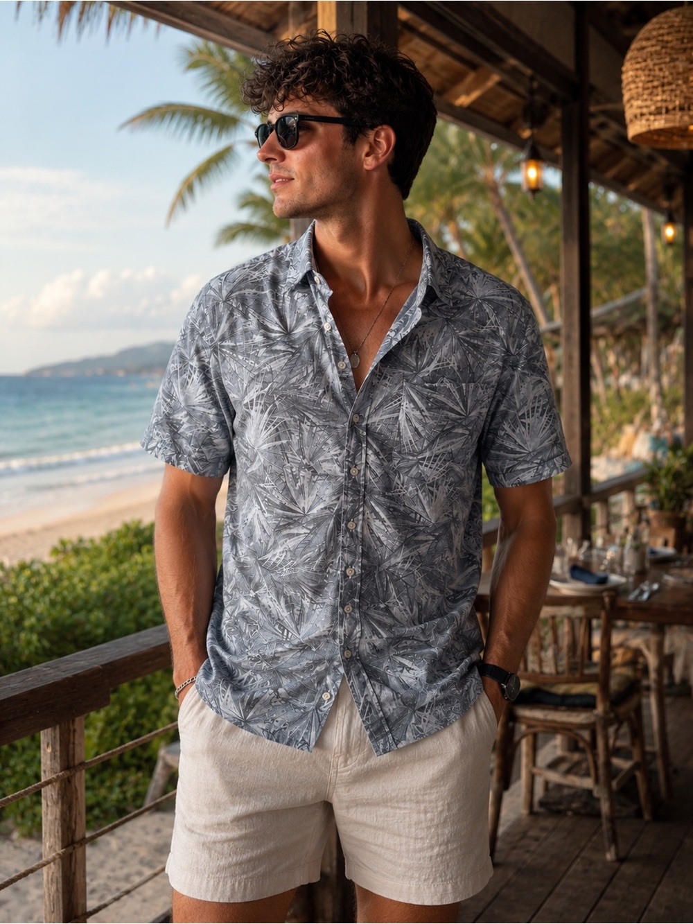 Men’s Linen Cotton Blend Tropical Palm Print Button-Up Shirt Medium Slim Fit